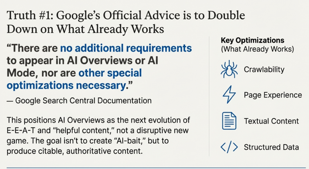 Graphic quoting Google advice on AI Overviews, highlighting crawlability, page experience, content, and structured data.