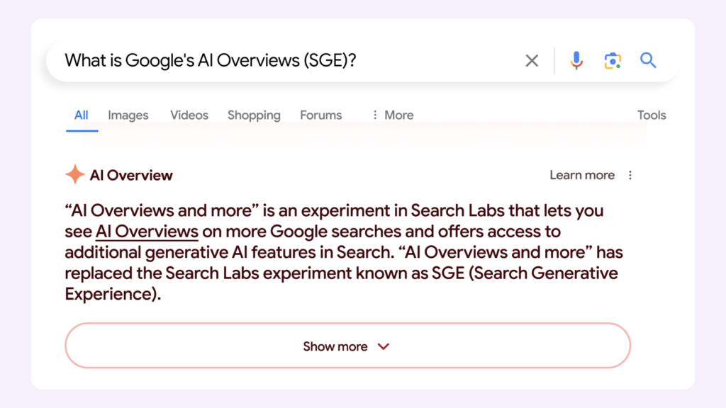Image showing Google AI Overviews explaining what AI Overviews are in search results.

