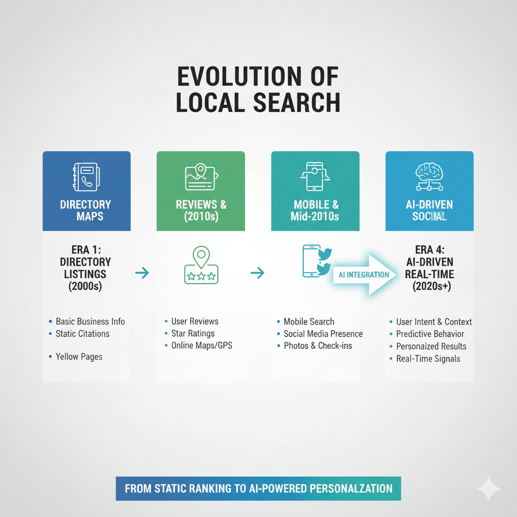 Evolution of local search from static ranking to AI-driven real-time personalization.