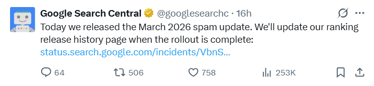 Google Search Central tweet about March 2026 spam update rollout.