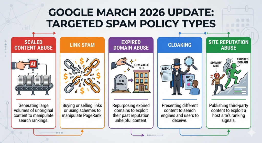 Diagram of five spam policy categories targeted in the Google March 2026 spam update.