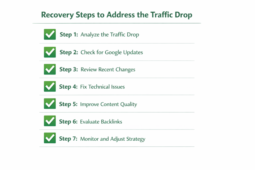 Seven-step recovery checklist infographic for sites affected by the Google March 2026 spam update