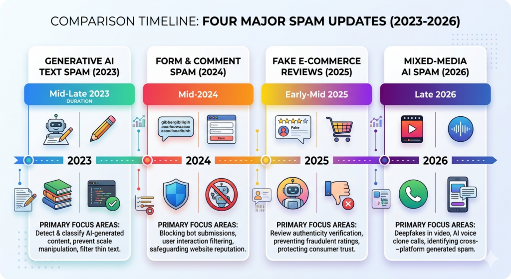 Timeline comparing Google spam updates from October 2023 through March 2026
