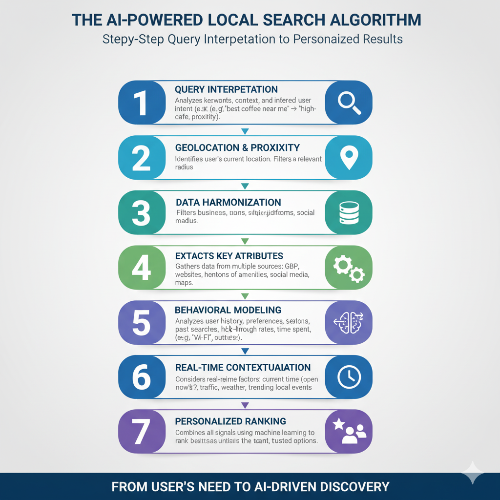 Step-by-step breakdown of AI-powered local search algorithm process.
