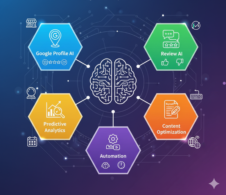AI tools for local SEO management categorized by function.