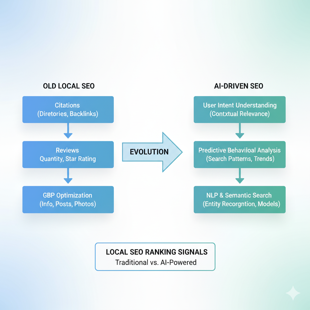 Comparison of traditional local SEO tactics versus AI-driven local search ranking signals.