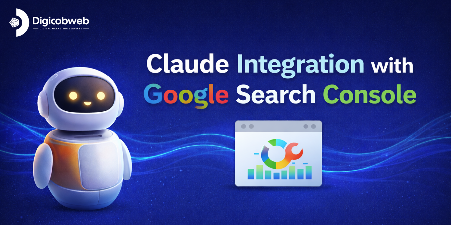 Claude integration with Google Search Console banner showing an AI assistant icon, and a search analytics dashboard on a dark blue background.