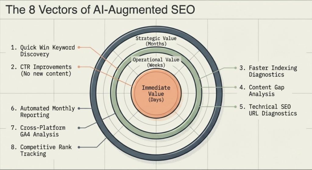 Eight benefits of Claude AI and Google Search Console integration shown as icons for SEO teams