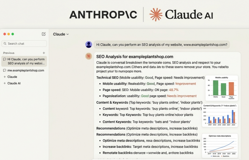 Claude AI by Anthropic logo and interface showing natural language conversation for SEO analysis.