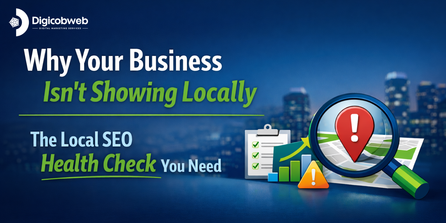 Local SEO health check banner showing why a business isn’t appearing in local search results with audit checklist and location analysis visuals
