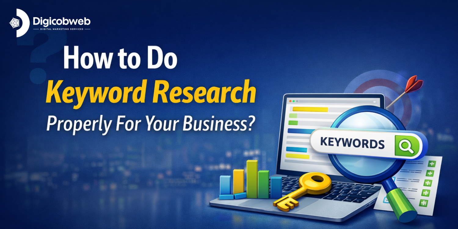 Keyword research banner showing how to find and analyze keywords for business SEO with search, analytics, and targeting visuals