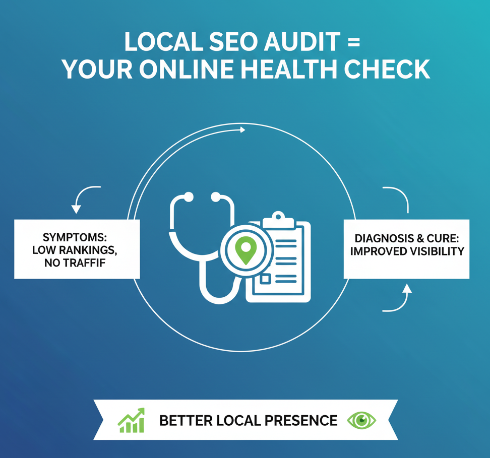 Infographic showing local SEO audit as a health check for online visibility.