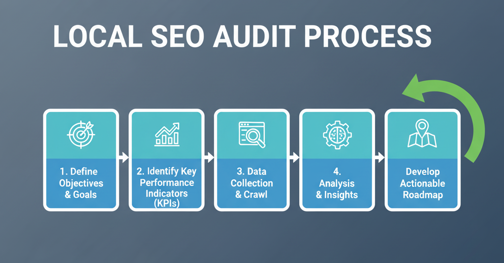 Step-by-step SEO audit process flowchart with objectives, KPIs, and roadmap