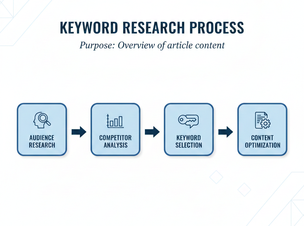 Diagram showing the keyword research process moving from audience research to competitor analysis, then keyword selection, and finally content optimization.
