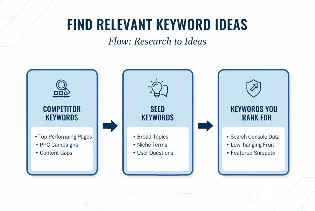 Visual showing a three-step keyword research flow: competitor keywords, seed keywords, and the keywords you already rank for, moving from research to new ideas.
