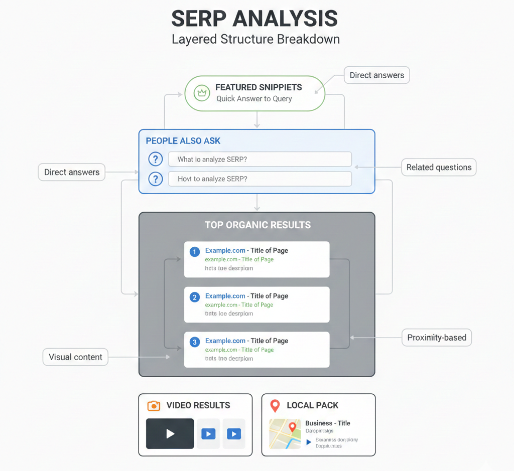Diagram showing the layered layout of a SERP, including featured snippets, people also ask boxes, top organic results, video results, and the local pack, with arrows showing how each element connects.
