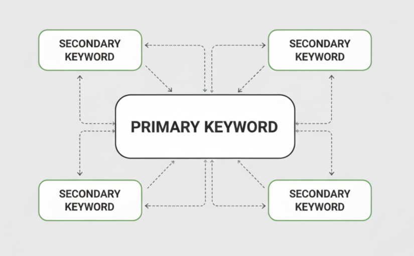 Diagram showing a primary keyword in the center connected to multiple secondary keywords around it with dotted arrows.
