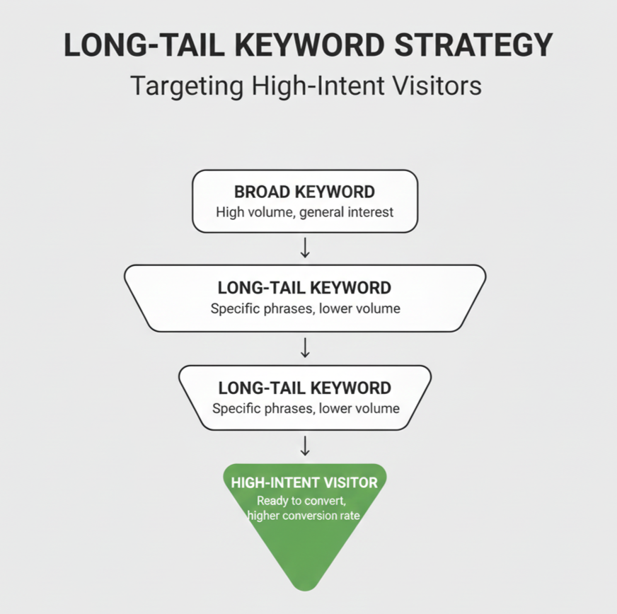 Funnel-style graphic showing how broad keywords narrow into long-tail keywords and lead to high-intent visitors ready to convert.
