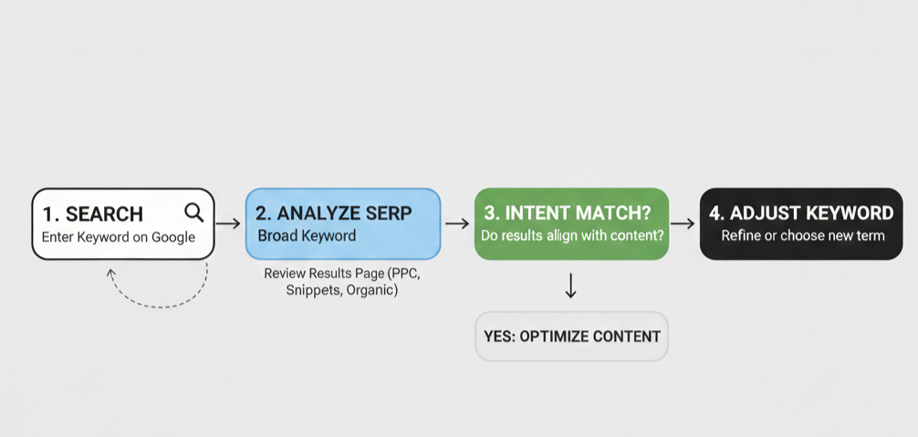 Step-by-step workflow showing how to search a keyword, analyze the SERP, check intent alignment, and adjust the keyword before optimizing content.
