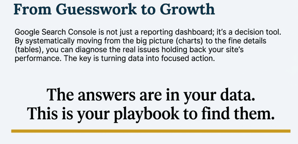 Google Search Console strategy visual showing how to turn search performance data into actionable SEO growth decisions
