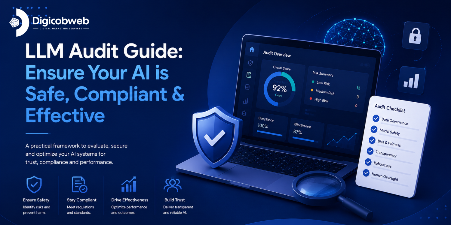 LLM Audit Guide blog banner featuring an AI compliance dashboard, security shield, audit checklist, and performance analytics in a blue corporate digital marketing design style.