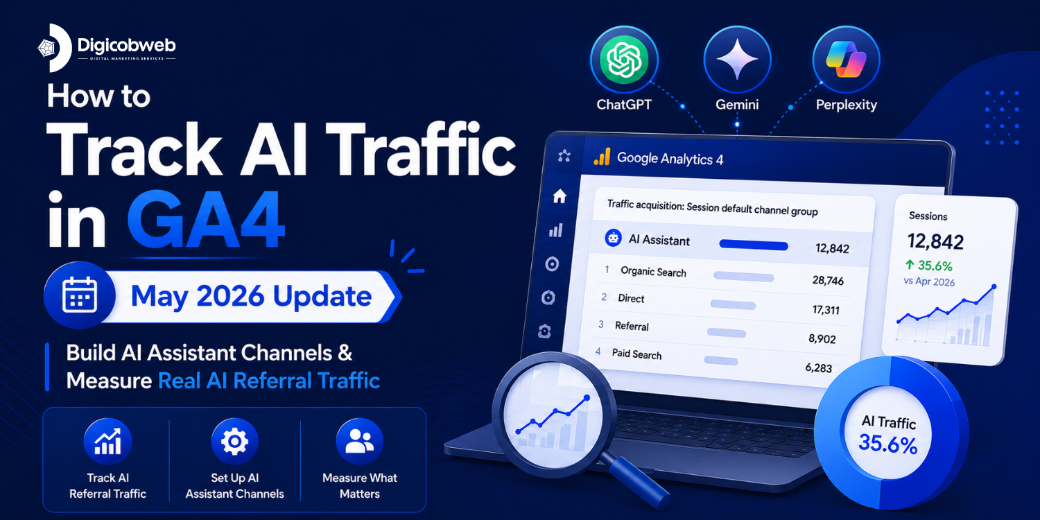 GA4 AI traffic tracking guide featuring a Google Analytics dashboard, ChatGPT and Gemini referral tracking, AI assistant channel setup, and the May 2026 update in a modern blue digital marketing design.