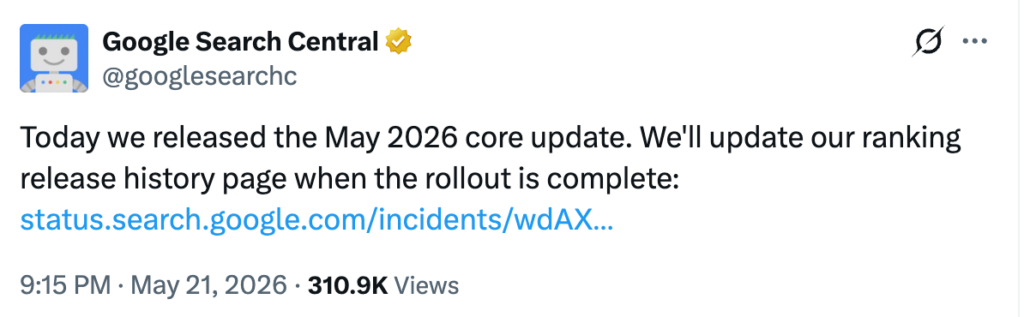 May 2026 core update is out
