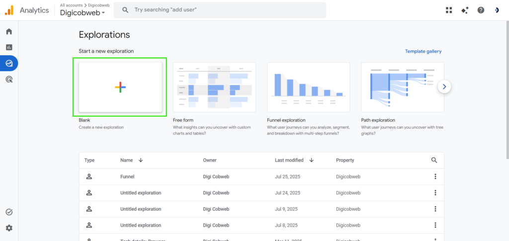 Go to Explore and select new blank exploration
