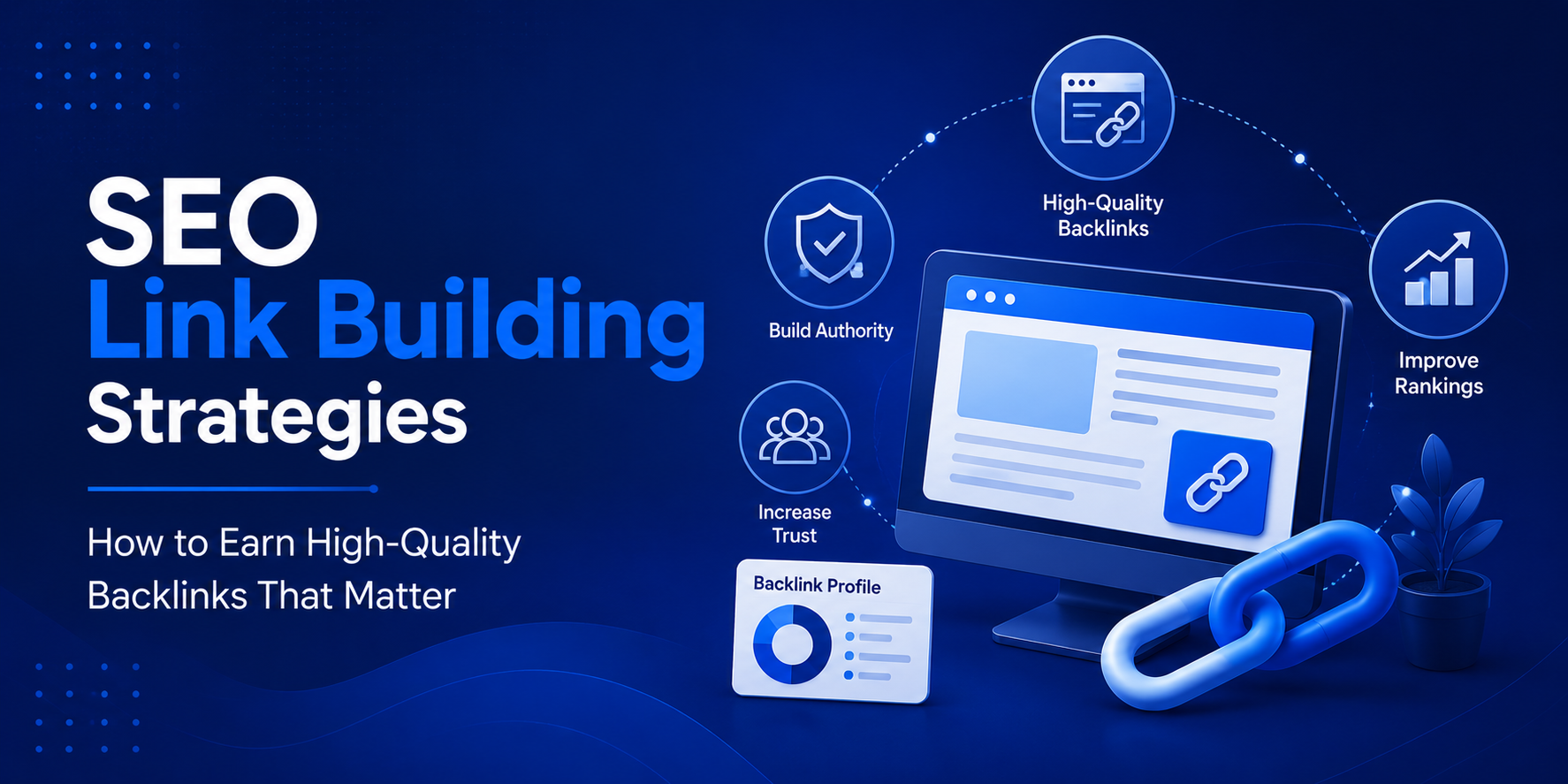 SEO Link Building Strategies blog banner featuring backlink growth visuals, website authority icons, an analytics dashboard, and a high-quality backlink concept in a modern blue digital marketing design