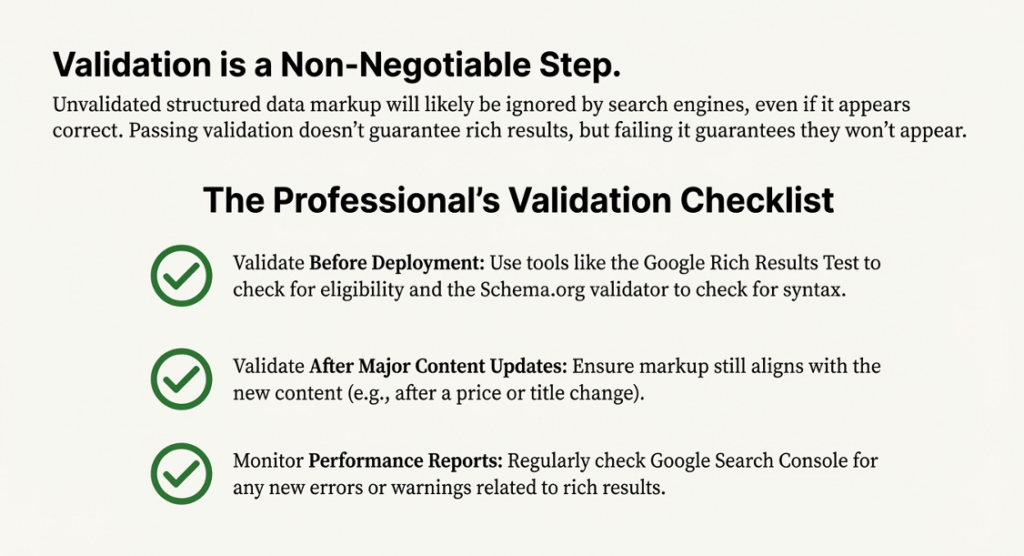 Infographic on validating structured data for SEO with a professional checklist: pre-deploy tests, post-update checks, and GSC monitoring.