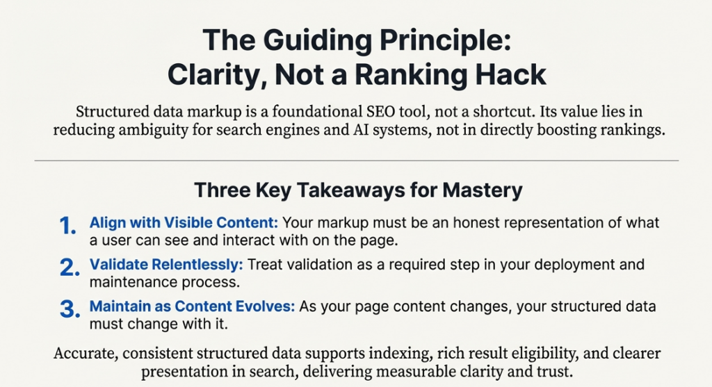 SEO guiding principle graphic: clarity over ranking hacks, three key structured data best practices for trustworthy search results