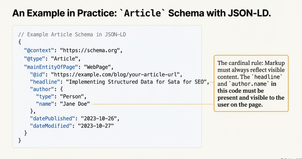 Example of Article Schema using JSON-LD showing structured data markup with headline, author, and publish dates for SEO purposes

