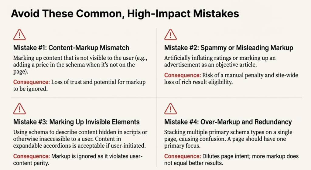 Infographic on common structured data SEO mistakes: content-markup mismatch, spammy markup, hidden elements, and redundant or excessive schema usage.
