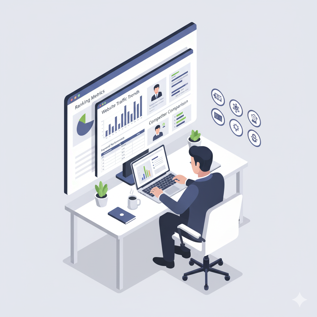 Marketing manager reviewing competitor performance in local SEO analytics.