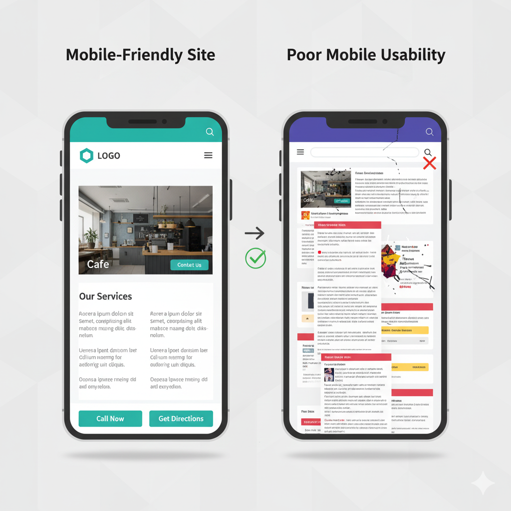 Mobile-friendly website versus poor mobile usability in local SEO competition.
