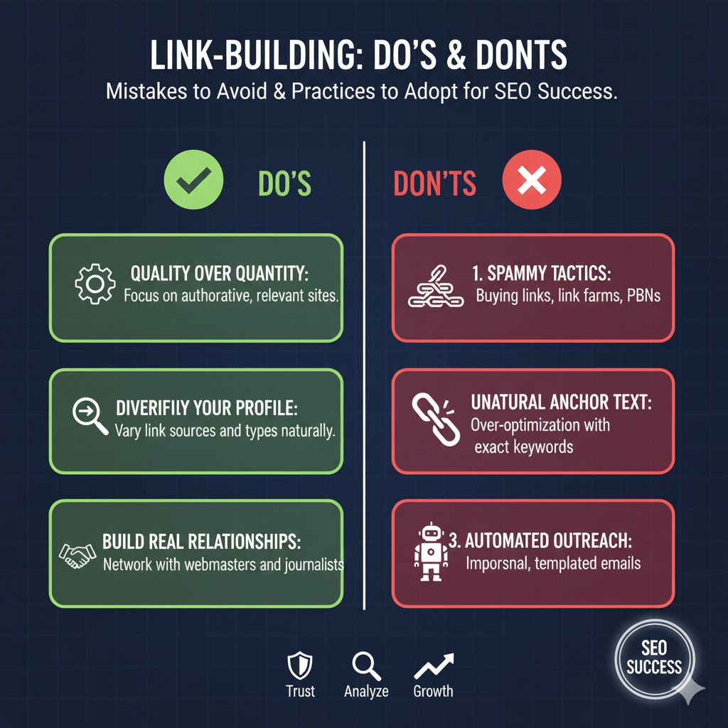 Comparison infographic showing common link-building mistakes versus correct practices