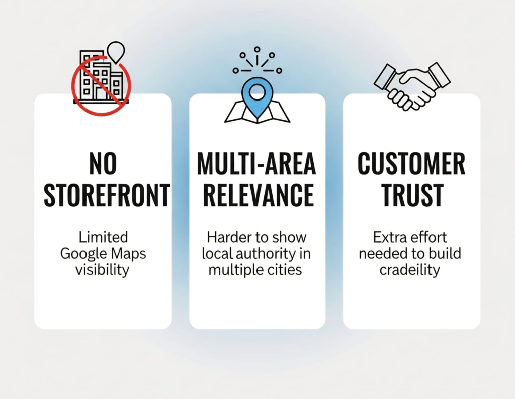 Diagram showing the three main challenges of service area business SEO: no storefront, multi-area relevance, and customer trust.
